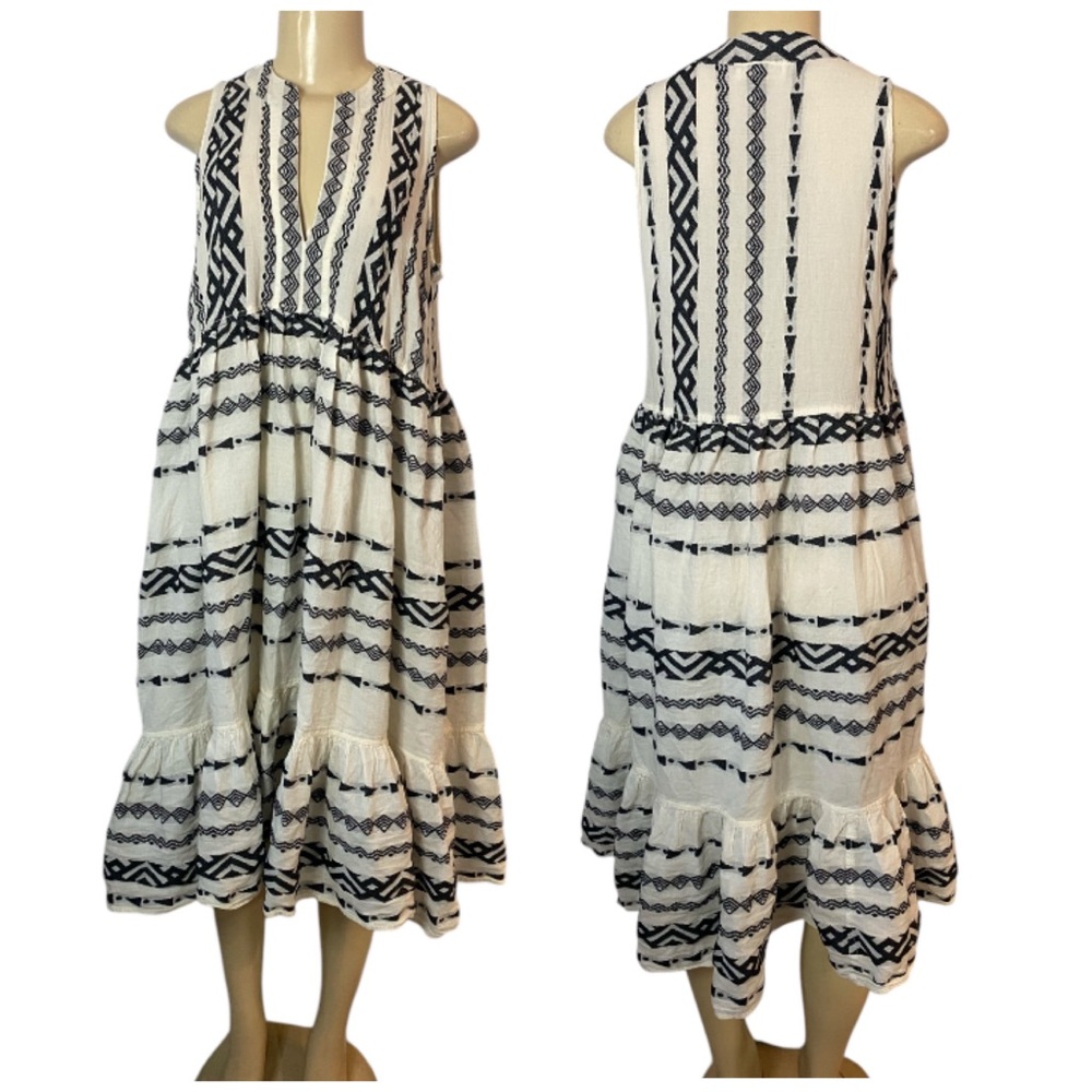 Nema Resort Wear Women's Embroidered Ivory Black Midi Dress Size Medium